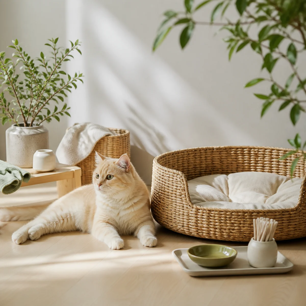 猫とラタン編みペットベッドのある暮らし